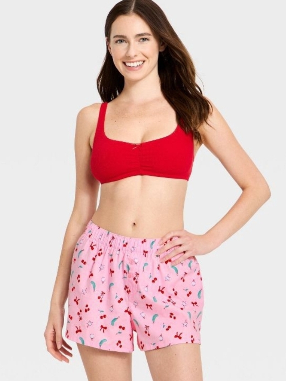 Brushed Cotton Wild Fable Pink Cherry Print Elastic Waist Shorts